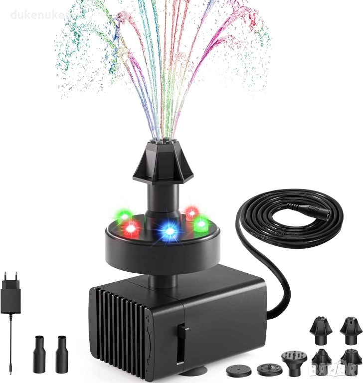 Електрически фонтан с LED светлини, регулируем дебит, 7 дюзи и 5 м кабел, снимка 1