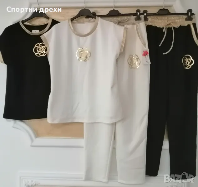 Уникални нови италиански дамски комплекти с къс ръкав,златно цвете и златни акценти, снимка 1