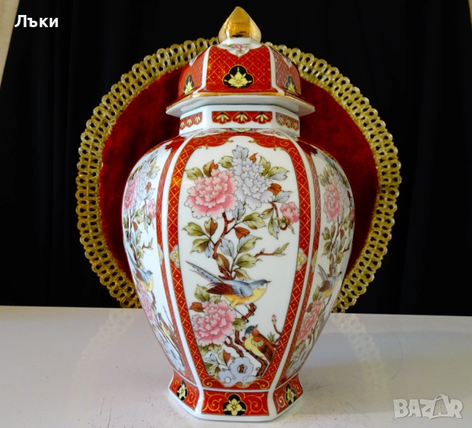 Урна,ваза,буркан японски порцелан Eiwa Kinsei,злато,птици. , снимка 1