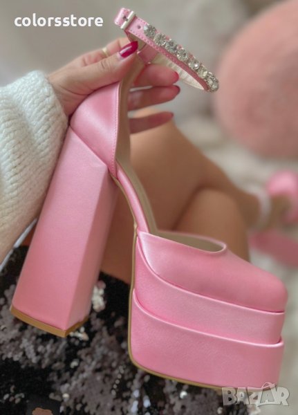 Сандали на ток - розов сатен - VS1, снимка 1