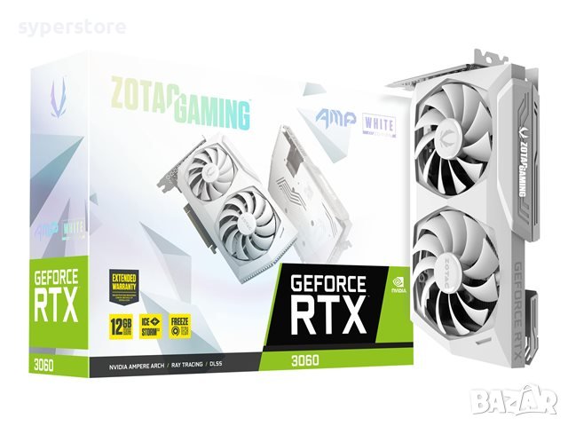 Видео карта Zotac NVIDIA Gaming GeForce RTX 3060 AMP White Edition 12GB GDDR6 192bit 3xDP+HDMI PCI E, снимка 1