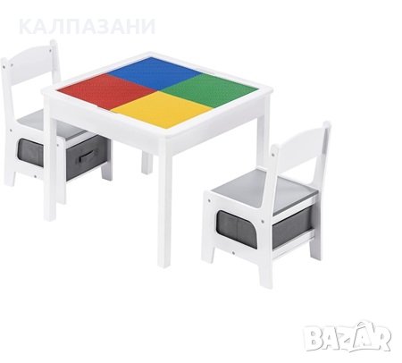 Детска Маса с 2 Столчета, Двустранна, Комплект от Дърво за Учене, Рисуване, Писане, Редене на Констр, снимка 1