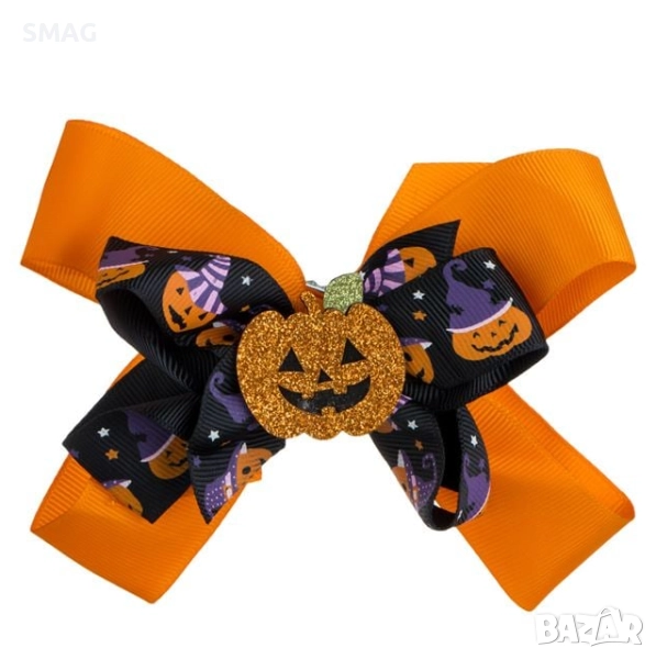 Хелоуин / Halloween фиба за коса, оранжева и черна панделка с тиква с оранжев брокат, 13 см_1239896, снимка 1