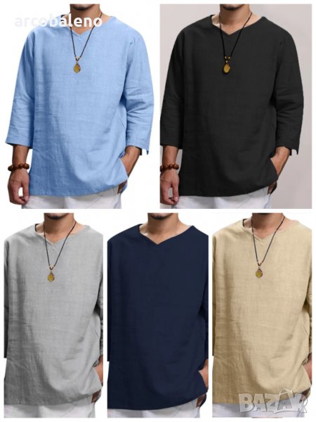 Мъжка широка памучно-ленена риза с V деколте и дълъг ръкав, 5цвята, снимка 1