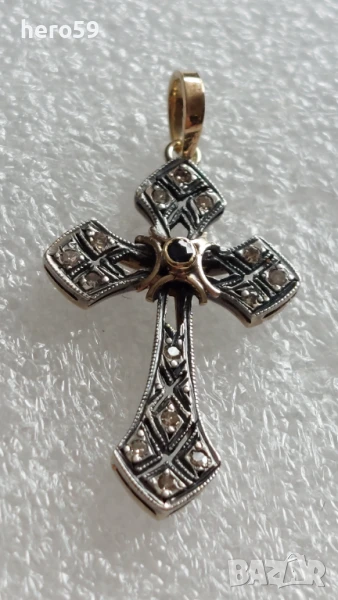 Стар златен 18к кръст с инкрустирани натурални диаманти и сапфир-диамант,злато, снимка 1