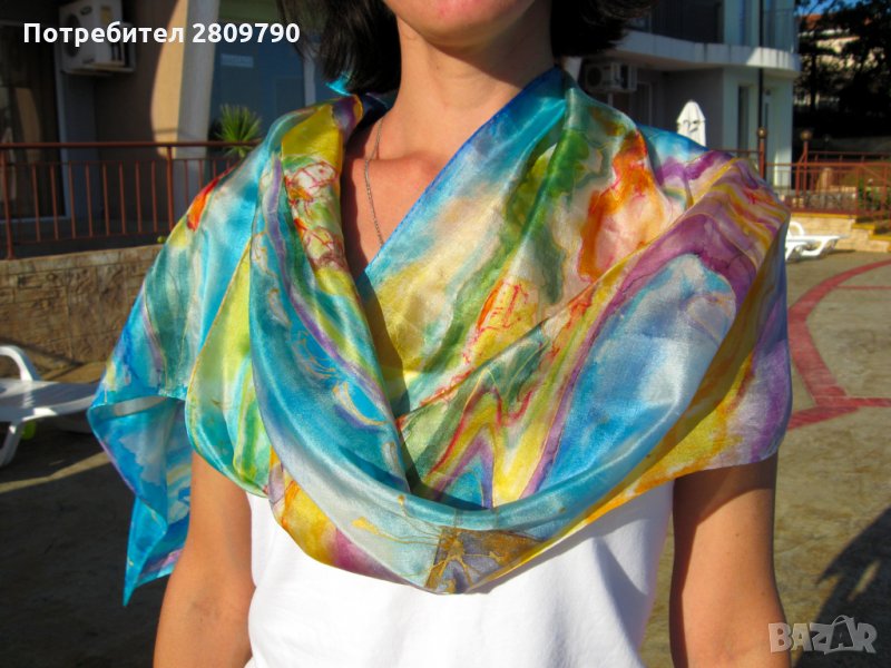Копринен шал с градски мотиви на Мелницата в Несебър / Silk Scarf with urban motifs of the Mill in N, снимка 1