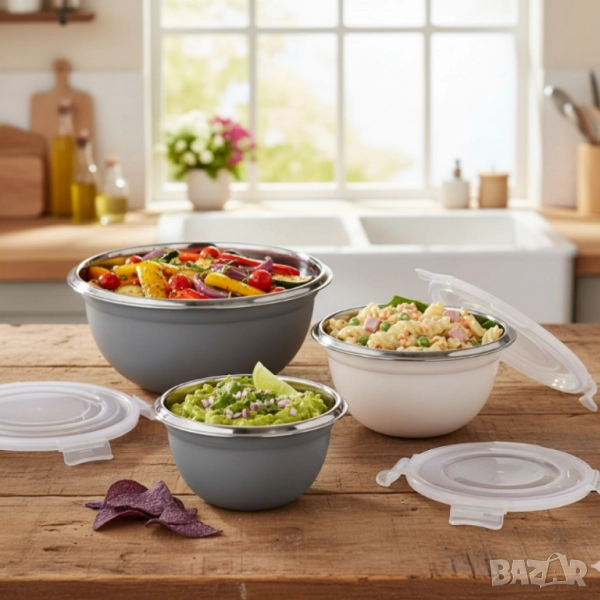 Комплект GOURMETmaxx купи от неръждаема стомана с капаци – 3 в 1 за съхранение и свежест, снимка 1