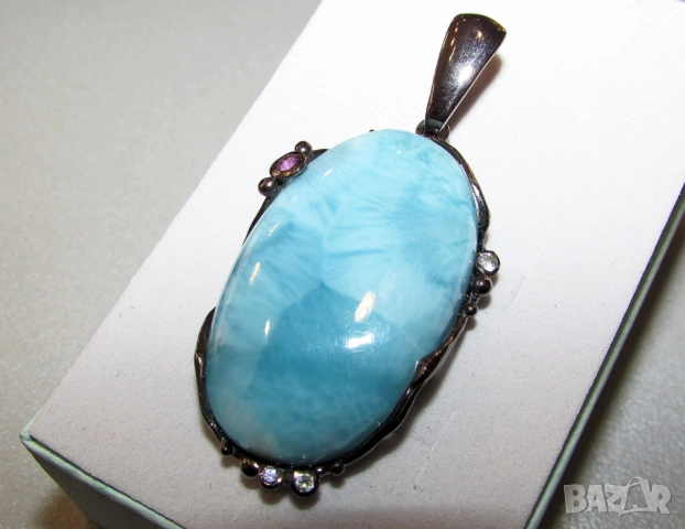 925 сребърно колие с родиево покритие и минерал ларимар 50 карата подходящо за подарък, снимка 3 - Колиета, медальони, синджири - 53498952