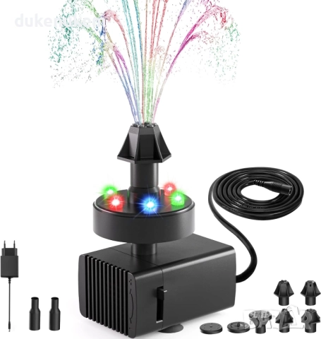 Електрически фонтан с LED светлини, регулируем дебит, 7 дюзи и 5 м кабел
