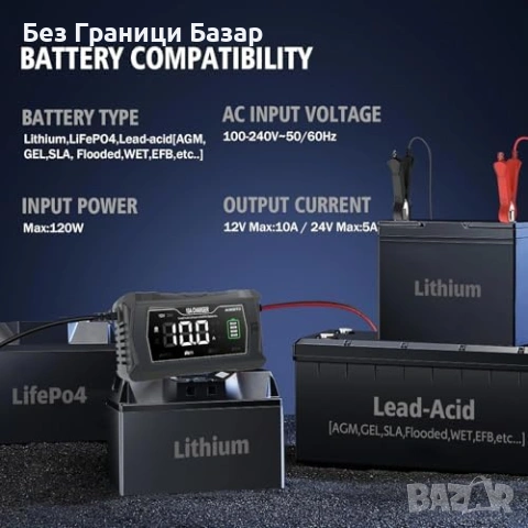 Ново Смарт зарядно 10A 12V/24V ремонт режим дисплей за акумулатори кола, снимка 3 - Друга електроника - 53685862