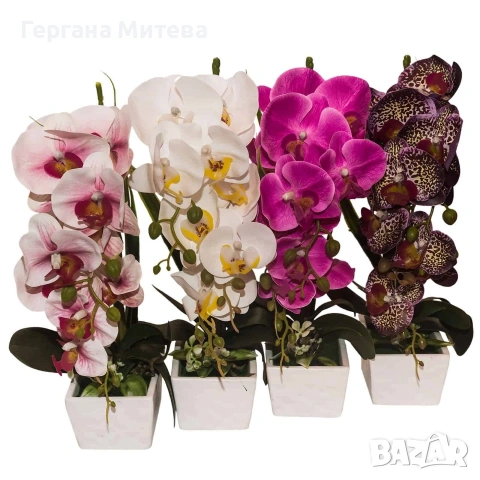 Изкуствена орхидея в бяла кашпа, 4 цвята