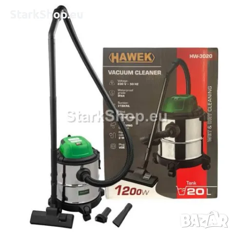 Прахосмукачка за Сухо и Мокро Почистване 20л HAWEK 1200W с 4 Въртящи Колела и 3 Накрайника