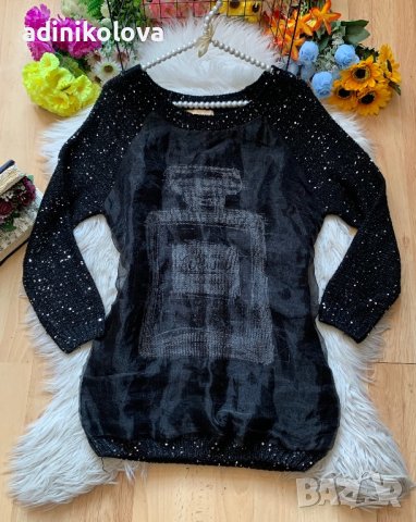 Черен пуловер с пайети, снимка 1 - Блузи с дълъг ръкав и пуловери - 42258814