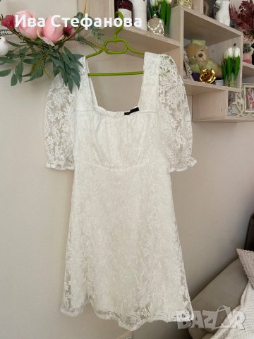 Нова кокетна кукленска елегантна буфан ръкав бяла дантела бяла дантелена  рокля , снимка 14 - Рокли - 41943627