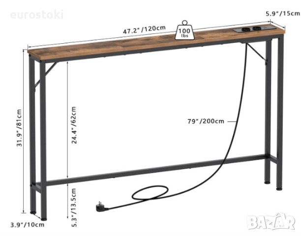 Конзолна маса VEDECASA със зарядна станция, тънка конзолна маса за спалня, коридор, хол, индустриале, снимка 5 - Маси - 52777484