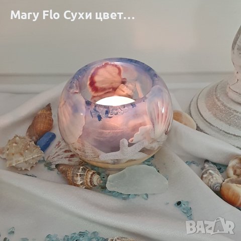 Морски шарм: Епоксидна смола и естествени морски елементи в свещник/кутийка за бижута, снимка 2 - Изкуствени цветя - 41469736