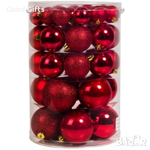 44 броя Комплект Коледни топки в три размера, Червени