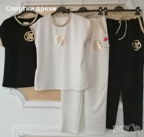 Уникални нови италиански дамски комплекти с къс ръкав,златно цвете и златни акценти, снимка 1