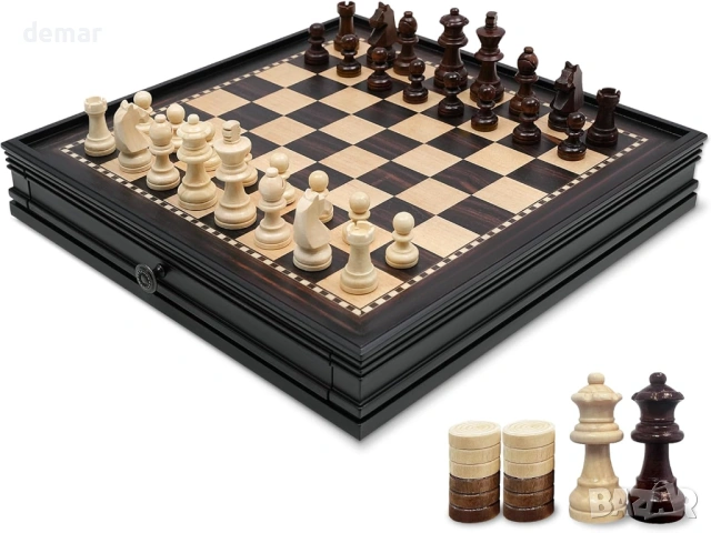 Дървен шахматен комплект магнитен – 2 в 1 шахматна дъска 32 см, 34 фигури Staunton