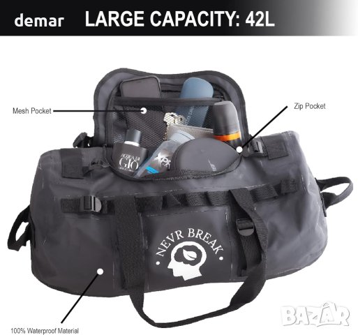 NEVR BREAK 42L Водоустойчива чанта - сак 50x25 см, черна, снимка 7 - Чанти - 42731376