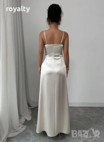 Елегантна сатенена рокля в цвят шампанско от тъкан плат 🥥, снимка 2 - Рокли - 49205541