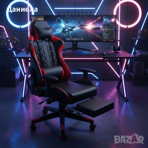 Ергономичен геймърски стол с функция за масаж и подложка за крака - червен, снимка 2 - Столове - 53237857