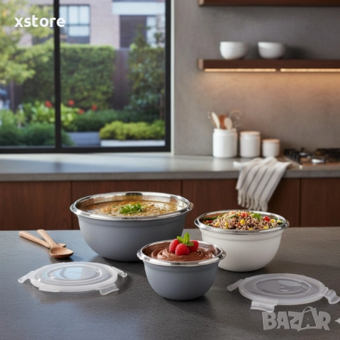 Комплект GOURMETmaxx купи от неръждаема стомана с капаци – 3 в 1 за съхранение и свежест, снимка 5 - Кутии за храна - 52697754