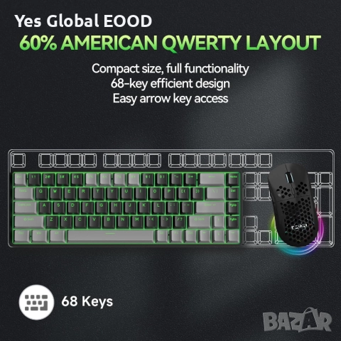 TMKB T68 безжична механична клавиатура 60% RGB три режима, снимка 5 - Клавиатури и мишки - 52849431