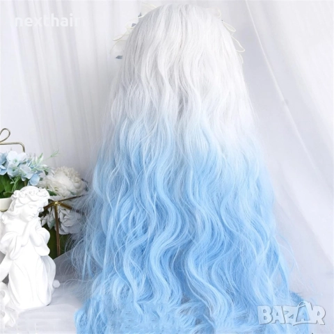 Чуплива аниме омбре перука бяла / синя, снимка 4 - Аксесоари за коса - 51731733