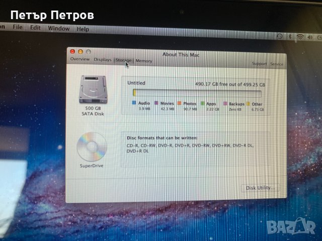 MacBook 13,3'' Late 2008 Intel Core 2 Duo500GB SATA Disk Built-in ColorLCD Display Battery Cycle 560, снимка 6 - Лаптопи за дома - 41064697