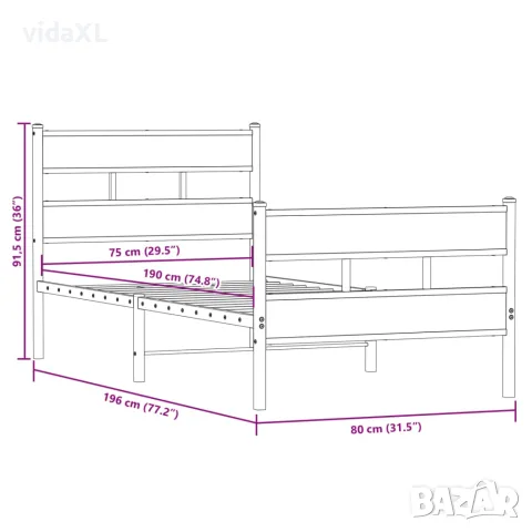 vidaXL Метална рамка за легло, без матрак, опушен дъб, 75x190 см, снимка 9 - Спални и легла - 56147482