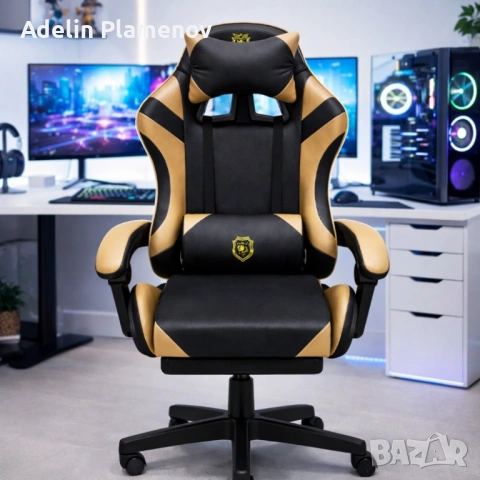 Геймърски стол с масажна функция, лумбална възглавница и поставка за крака – Черен-златист, снимка 5 - Столове - 53483851