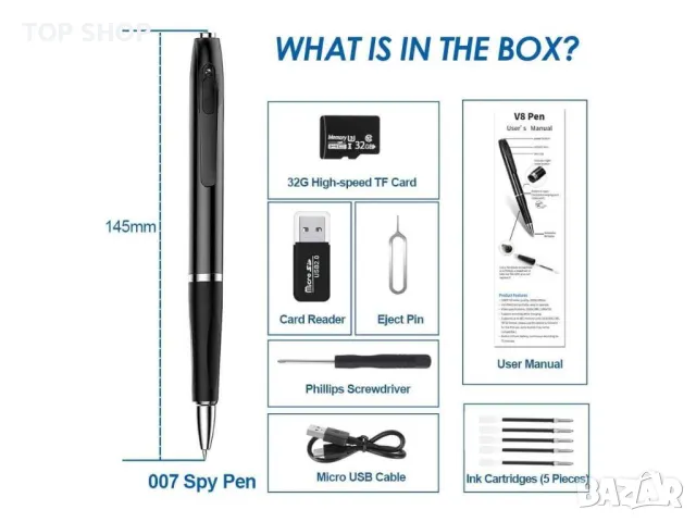 Писалка шпионска камера + 32G TF карта памет, снимка 3 - Комплекти за видеонаблюдение - 48678677