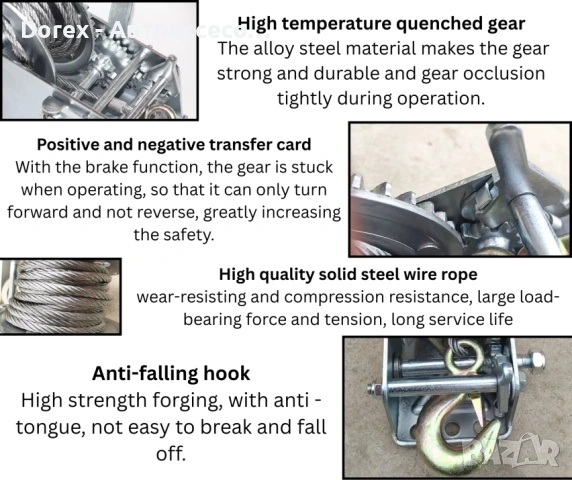 Ръчна лебедка със стоманено въже и автоматична спирачка - 700 кг, 10 метра, снимка 7 - Аксесоари и консумативи - 53857964