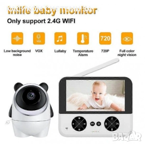 Бебефон с 4.3-инчов IPS екран, камера с нощно виждане и 355° въртене, двупосочен звук, снимка 4 - Бебефони - 53267325