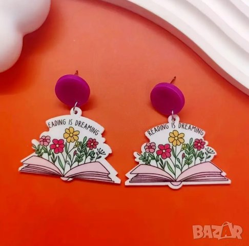 👑 💗Прекрасен Модел Обеци с Книга / Цветя, Висящи Обеци за Любители на Книги КОД : 0203💗 👑 💋 , снимка 4 - Обеци - 44498268