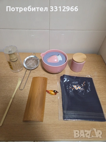 Чисто нов Комплект за чай мача, бамбук/керамика, 9 части, розов, снимка 2 - Други стоки за дома - 53783268