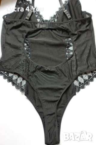 XL ново черно боди с еко кожа, дантела и тюл, снимка 8 - Бельо - 53375863