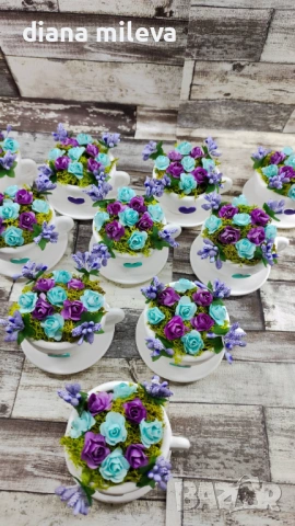 Сладурски Чашки с нежни цветлета в тюркоаз и лилаво!!, снимка 6 - Декорация за дома - 53240250