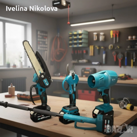 Акумулаторен комплект 4в1 KraftRoyal – Лозарска ножица, мини верижен трион 15 см, духалка и телескоп