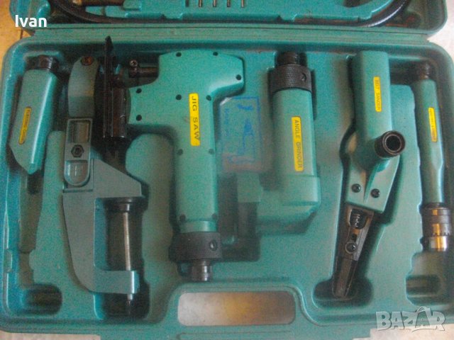 Комплект 5бр. Пневматични Различни Машини Аксесоари В Куфар-Мини Лентов Шлайф,Зеге,Ъглошлайф,Стойка, снимка 3 - Други инструменти - 42445186