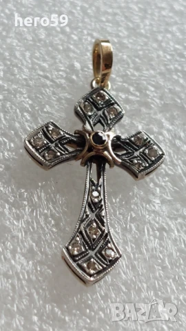 Стар златен 18к кръст с инкрустирани натурални диаманти и сапфир-диамант,злато