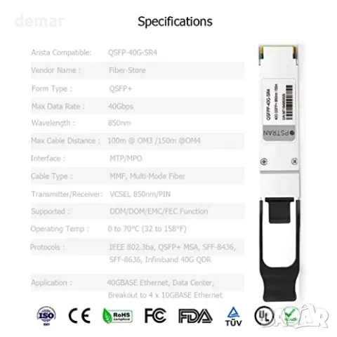 Оптичен модул 40GBASE-SR4 QSFP+ 850 нм, съвместим с Arista QSFP-40 г-SR4, снимка 7 - Други стоки за дома - 56011823
