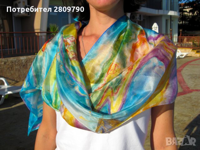 Копринен шал с градски мотиви на Мелницата в Несебър / Silk Scarf with urban motifs of the Mill in N