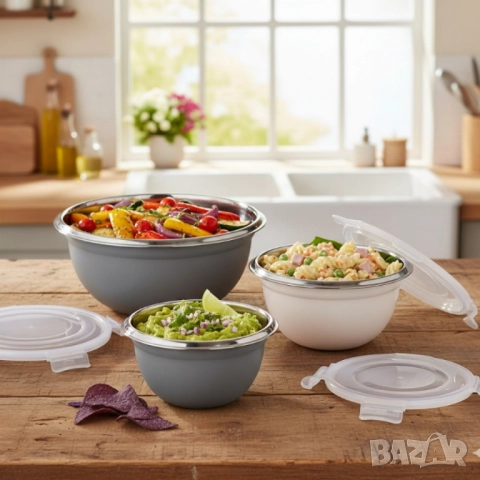 Комплект GOURMETmaxx купи от неръждаема стомана с капаци – 3 в 1 за съхранение и свежест