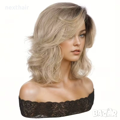 Модерна пепеляво руса перука с тъмни корени - чуплива, асиметрична прическа, снимка 5 - Аксесоари за коса - 53727909