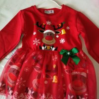 Коледна рокличка, червен цвят  с  картинки еленчета, снимка 1 - Детски рокли и поли - 38578681