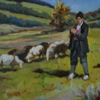 Картина, овчар със стадо, бълг. автор, 1950-те год., снимка 3 - Картини - 41789500