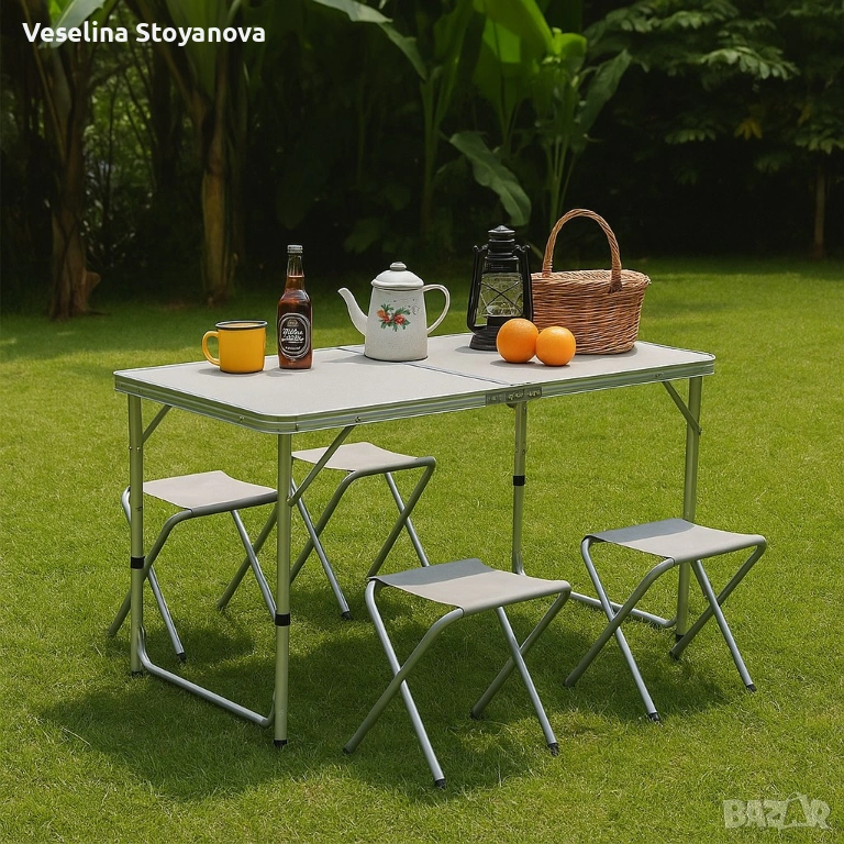 Комплект сгъваема алуминиева маса с 4 стола – идеален за къмпинг, двор и почивка, снимка 1
