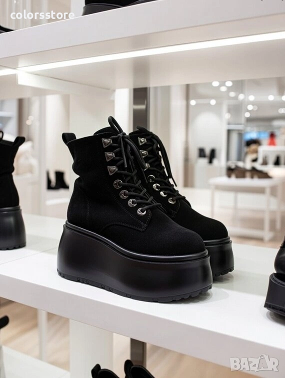 Боти на платформа - черен велур - 56WL16 , снимка 1
